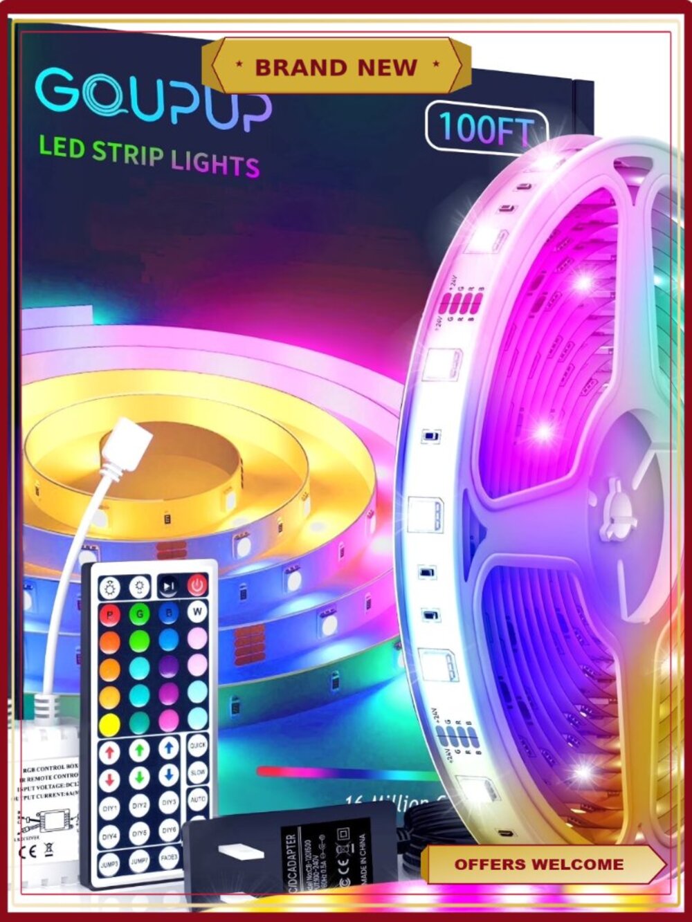 100ft LED Strip Lights with 44 Key IR Remote, 24V Power Supply, Indoor Decor